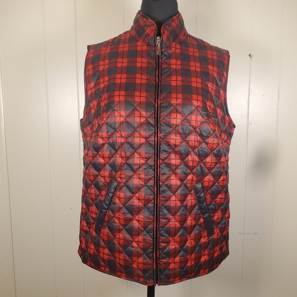 Karen Scott Sport Womens Red & Black Plaid Full Zip Quilted Vest W/ Pockets M